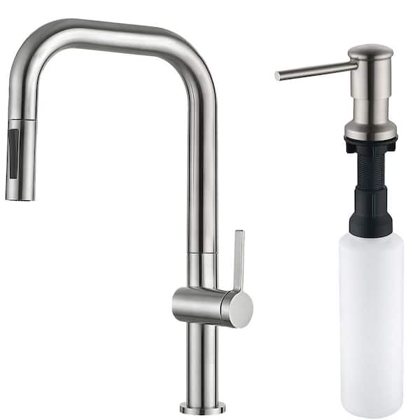 18 in. Single Handle Pull Down Sprayer Kitchen Faucet with 360° Spout and Soap Dispenser in Brushed Nickel