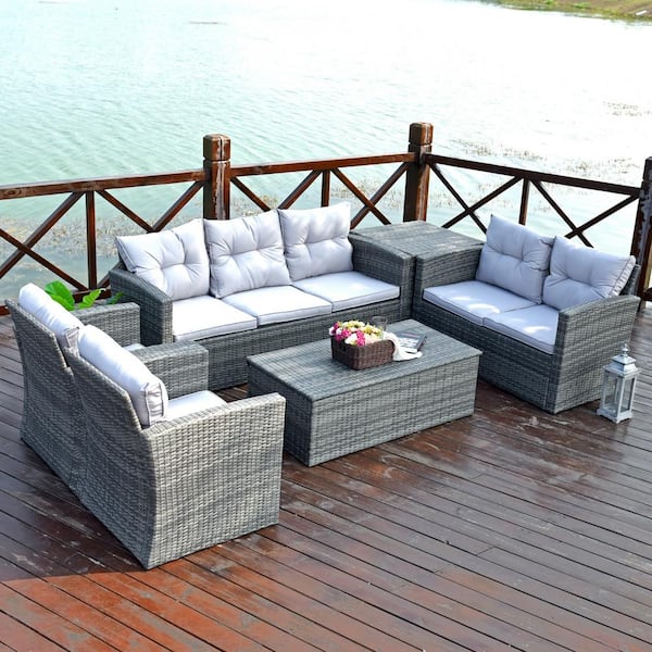 moda furnishings NANA Gary 6-Piece Wicker Patio Conversation Set with Gray Cushions and Storage Box