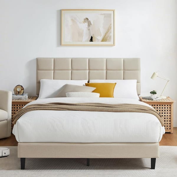 Beige Wood Bed Frame Queen Panel Bed with Adjustable Headboard, No Squeaks, Easy to Assemble, No Box Spring Needed