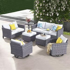 Neptune Gray 7-Piece Wicker Patio Conversation Seating Sofa Set with Gray Cushions and Swivel Rocking Chairs
