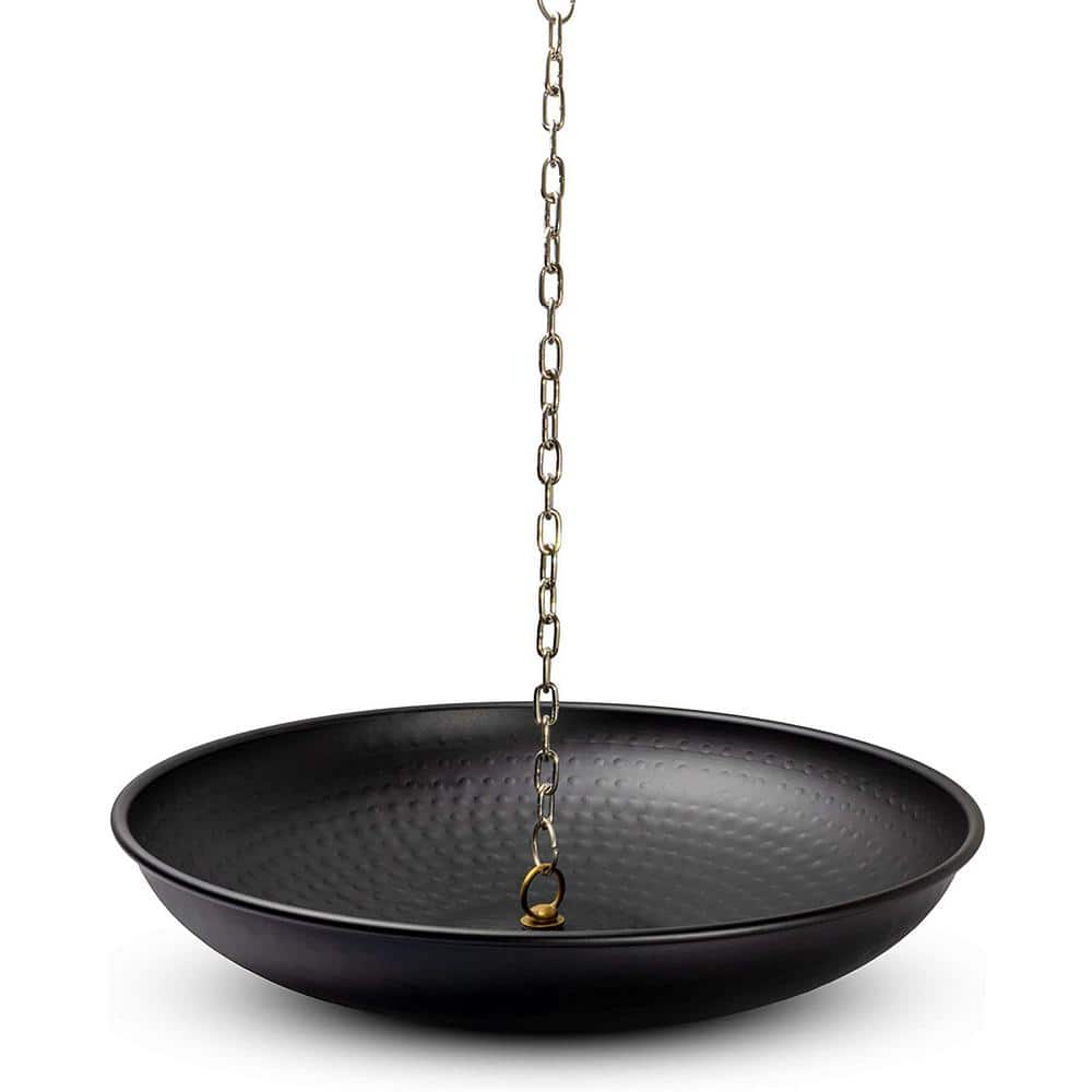 Black Hand Hammered Steel Rain Chain Basin with Chain, 15 Inch