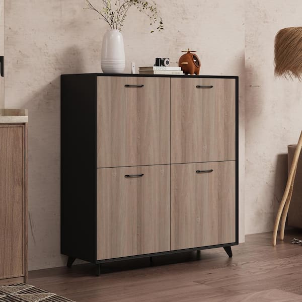 Black and Gray Wood Grain Wooden 43.3 in. W x 46.5 in. H Sideboard, Bookcase with 8-Adjustable Shelves and 4-Doors