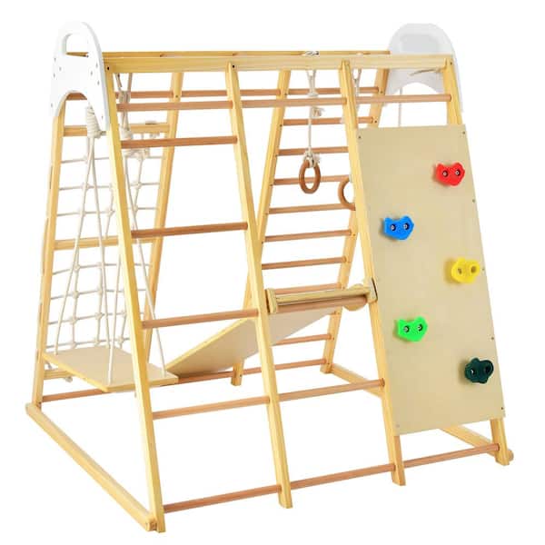 Costway 8-in-1 Jungle Gym Playset, Wooden Climber Play Set with Monke Natural