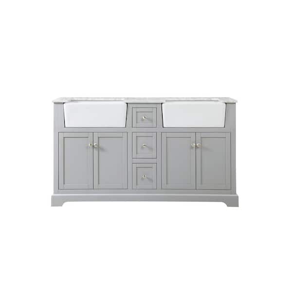 Unbranded Timeless Home 60 in. W x 22 in. D x 34.75 in. H Double Bathroom Vanity Side Cabinet in Grey with White Marble Top