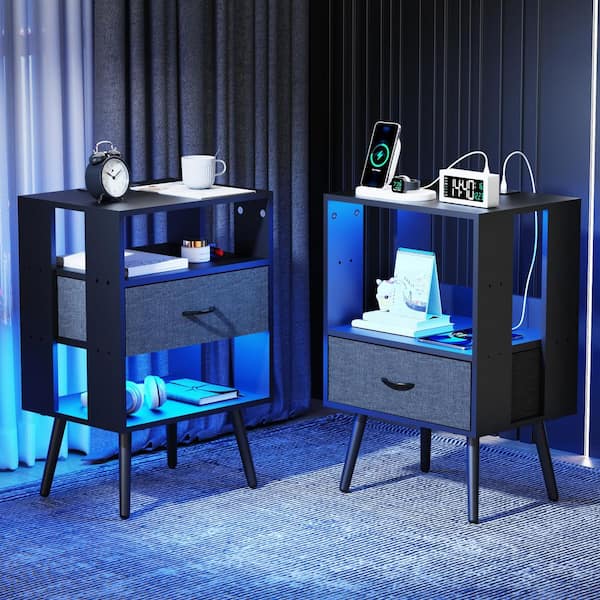 Black 2-Piece Modern Nightstand w/ Charging Station and LED Light, 1 Fabric Drawer Per Nightstand,End Table for Bedroom
