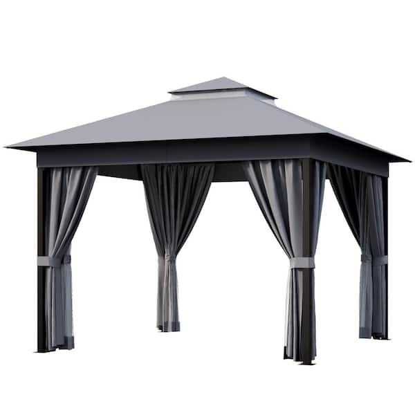 10 ft. x 10 ft. Gray Outdoor Steel Frame Gazebo with Mosquito Netting