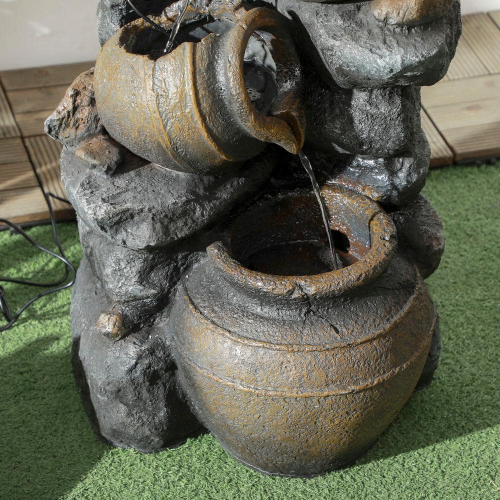 28.3" Brown Resin Solar Powered 4-Tier Water Fountain with LED Lights