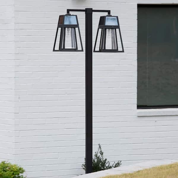 Aria 98 in. 2-Light Black Aluminum Solar Outdoor Modern Waterproof Post Light Set with Solar LED Light Bulb Included