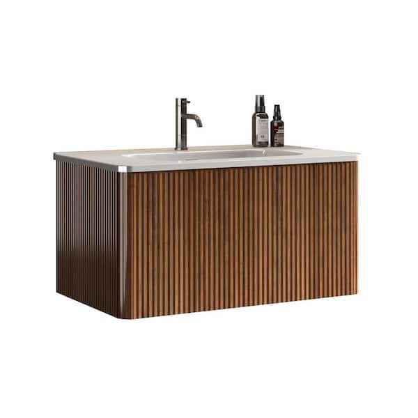 30 in. Single Sink Floating Walnut Bath Vanity with White Ceramic Top (Assembled), U Shape Wall Fitting