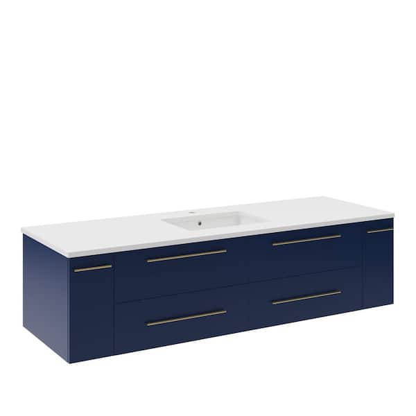Fresca Lucera 60 in. Single Sink Wall Mount Floating Royal Blue Bath Vanity with White Quartz Top and Undermount Ceramic Sink