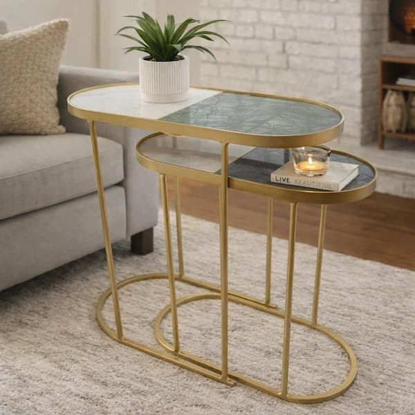 43.5 in. Gold Iron Marble Top Nesting End Table with Inlay Oval Top in White and Green