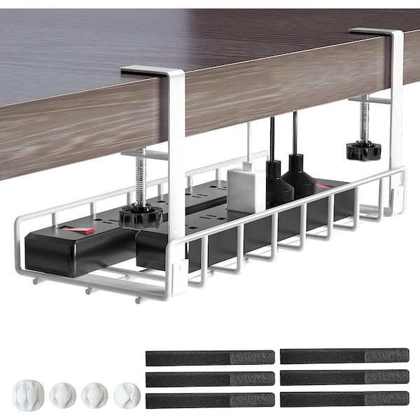 Under Desk Cable Management Tray No Drill No Screws White Clamp for Office Home Wire Organizer
