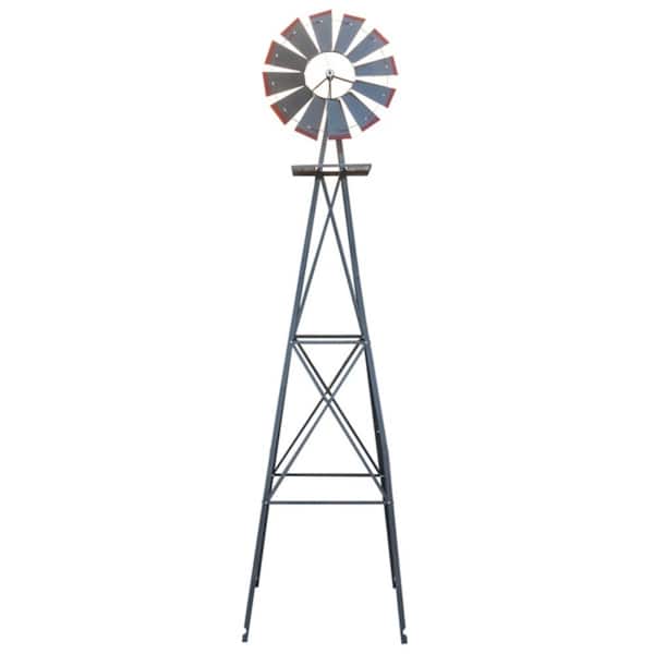Movisa 8 ft. Weather Resistant Yard Garden Windmill Gray and Red