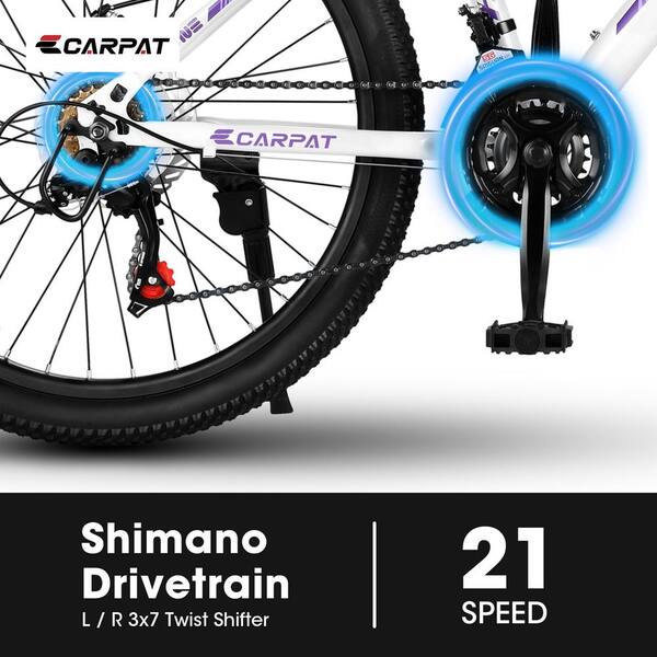 Unbranded - 24 in. White Girls and Boys Shimano 21-Speed Mountain Bike with Dual Disc Brakes and 100 mm Front Suspension