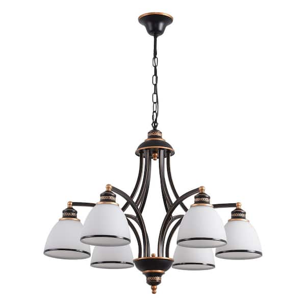 6-Light American Chandelier with Gold Accented and White Glass Shades for Dining Room Bedroom E26 No Bulb Included