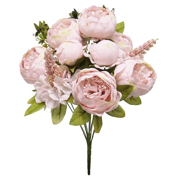 LIVING LUXURY 19 in. Light Pink Artificial Mixed Peony Hydrangea Flower Stem Bush Bouquet