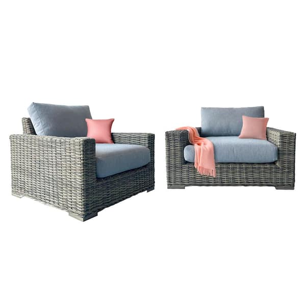 Larry Lava Gray Premier Rattan Wicker Deep Seating Outdoor Lounge Chair with Soft Light Blue Cushions