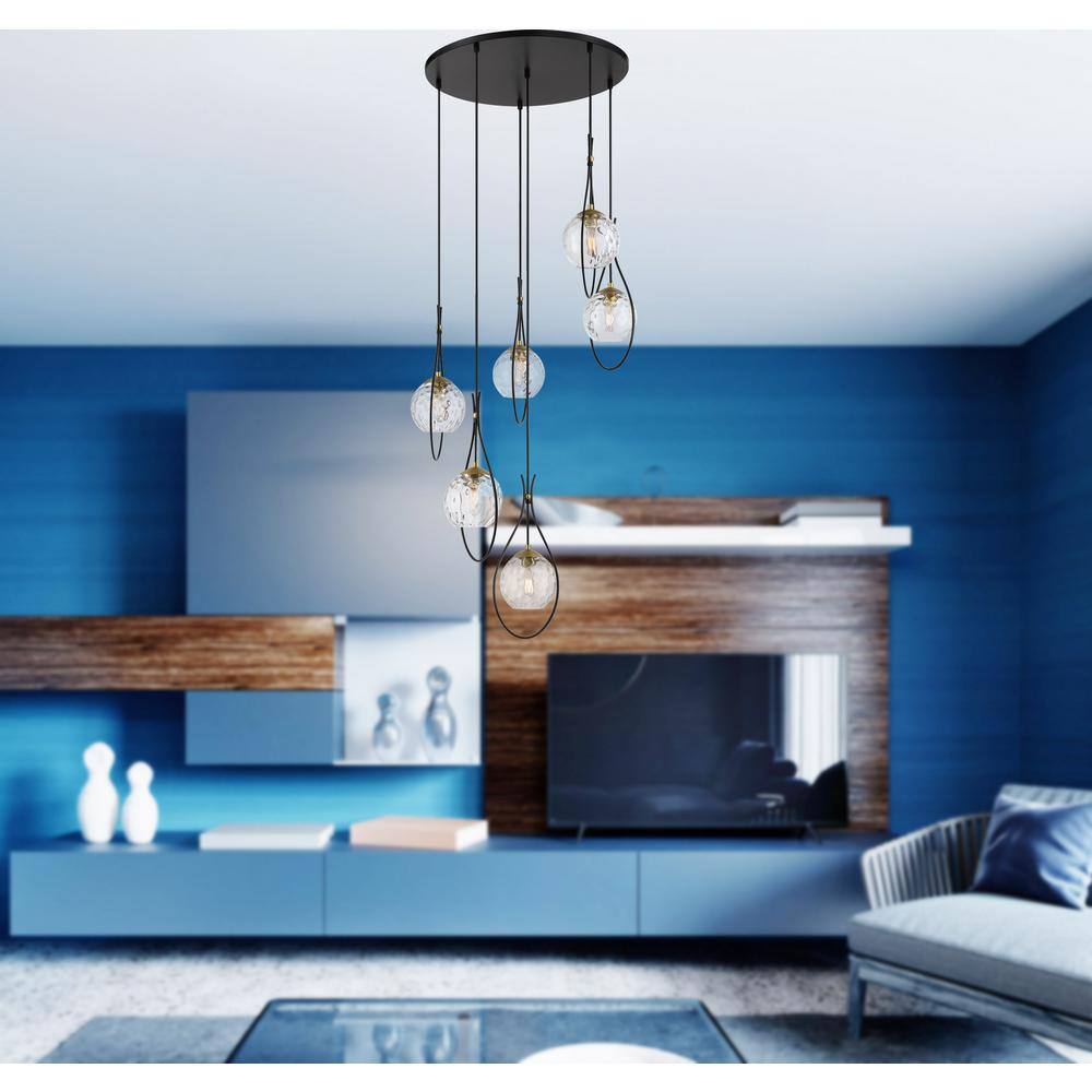 Cody Coal & Soft Brass 6-Light Globe Pendant with Clear Water Glass