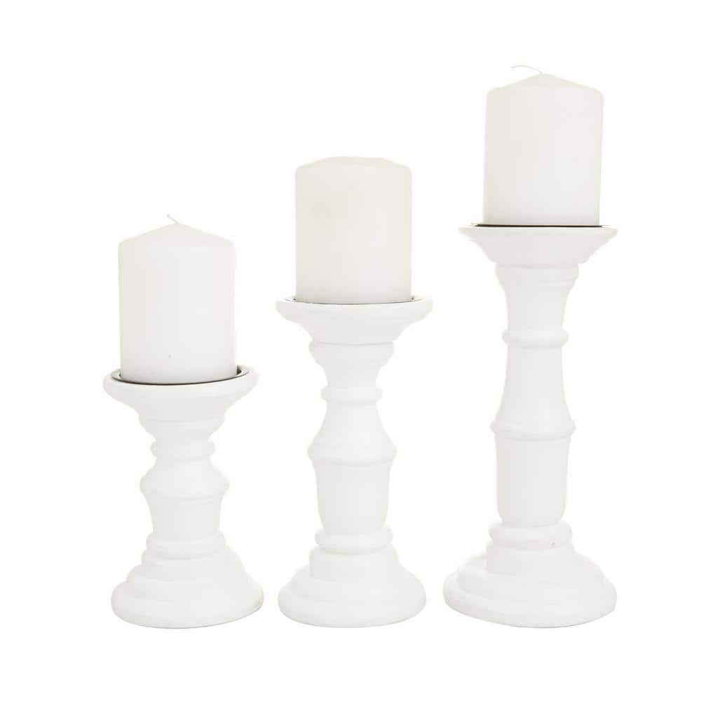 Litton Lane White Mango Wood Turned Style Pillar Candle Holder (Set of 3)