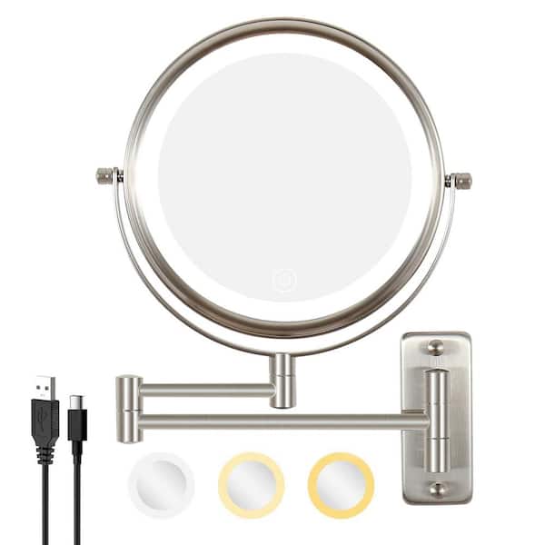 GQB 8 in. W x 8 in. H Bathroom Folding Makeup Mirror in Brushed Nickel with Dimmable LED,1X/10 Magnification,2000mA Battery