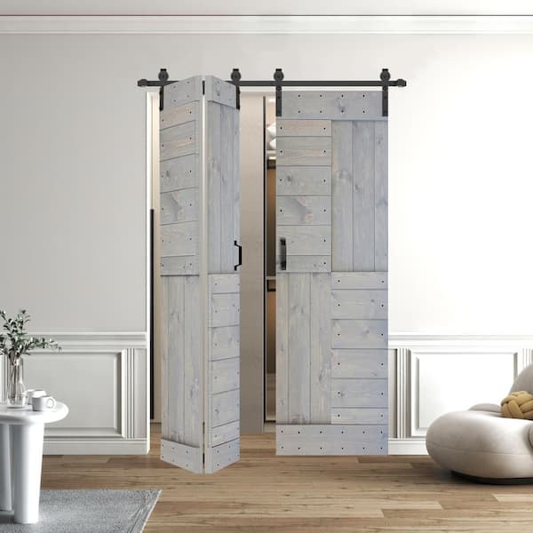 ISLIFE S Style 48in.x84in.(12''X84''X4panels) French Gray Solid Wood Bi-Fold Barn Door With Hardware Kit -Assembly Needed