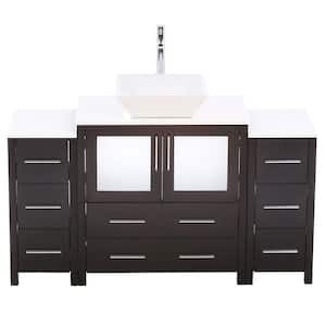 Torino 54 in. Vanity in Espresso with Glass Stone Vanity Top in White with White Basin and Mirror (Faucet Not Included)