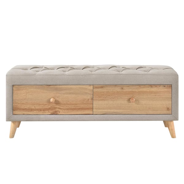 Harper & Bright Designs Beige Wooden Linen Top Ottoman Bench with