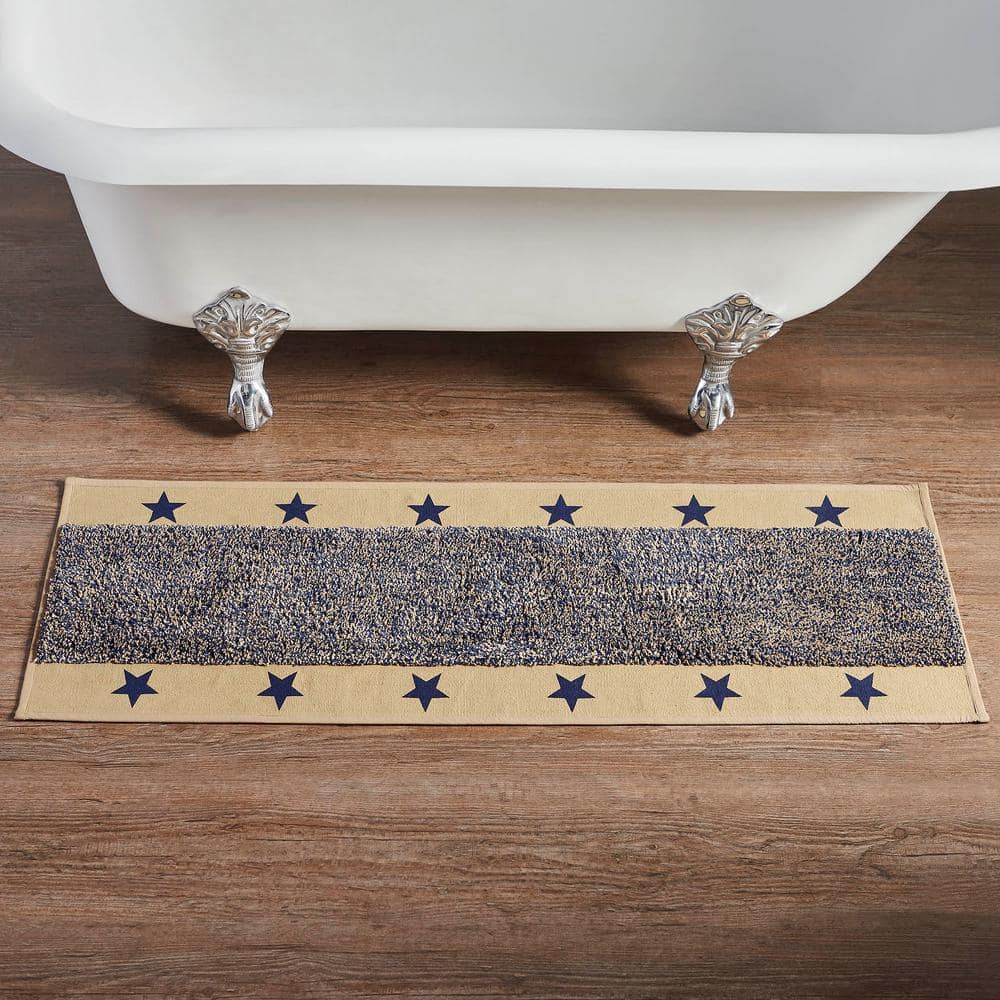 Khaki and Navy Cotton Americana Star Bath Mat, 17x48