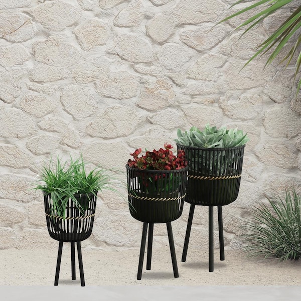 AUTMOON S/3 Bamboo Footed Planters 11/13/15 in., BLACK