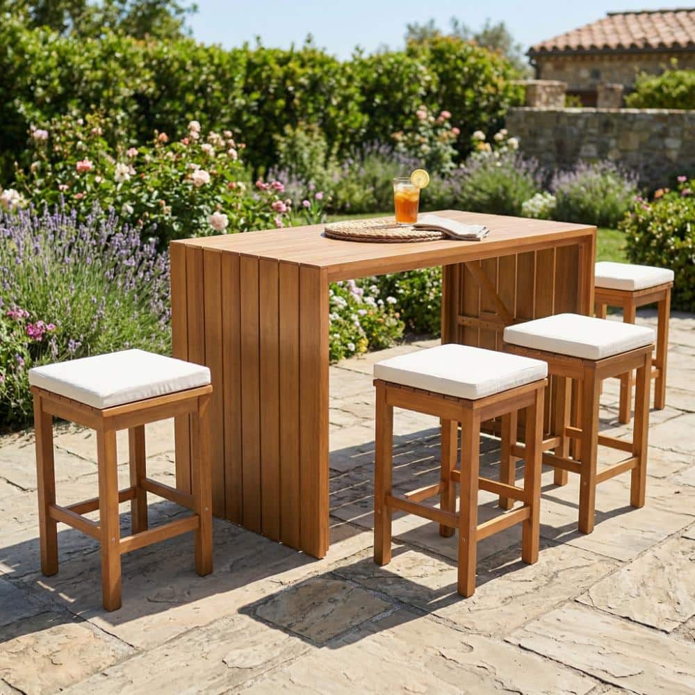 5-Piece Wood Outdoor Dining Bar Set with Four Stools and Cushions for Backyard, Poolside price history on PriceWatchPro