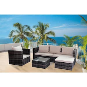 Brown 4-Piece Outdoor PE Rattan Wicker Patio Sectional Furniture Set Conversation Sofa Set with Beige Cushions