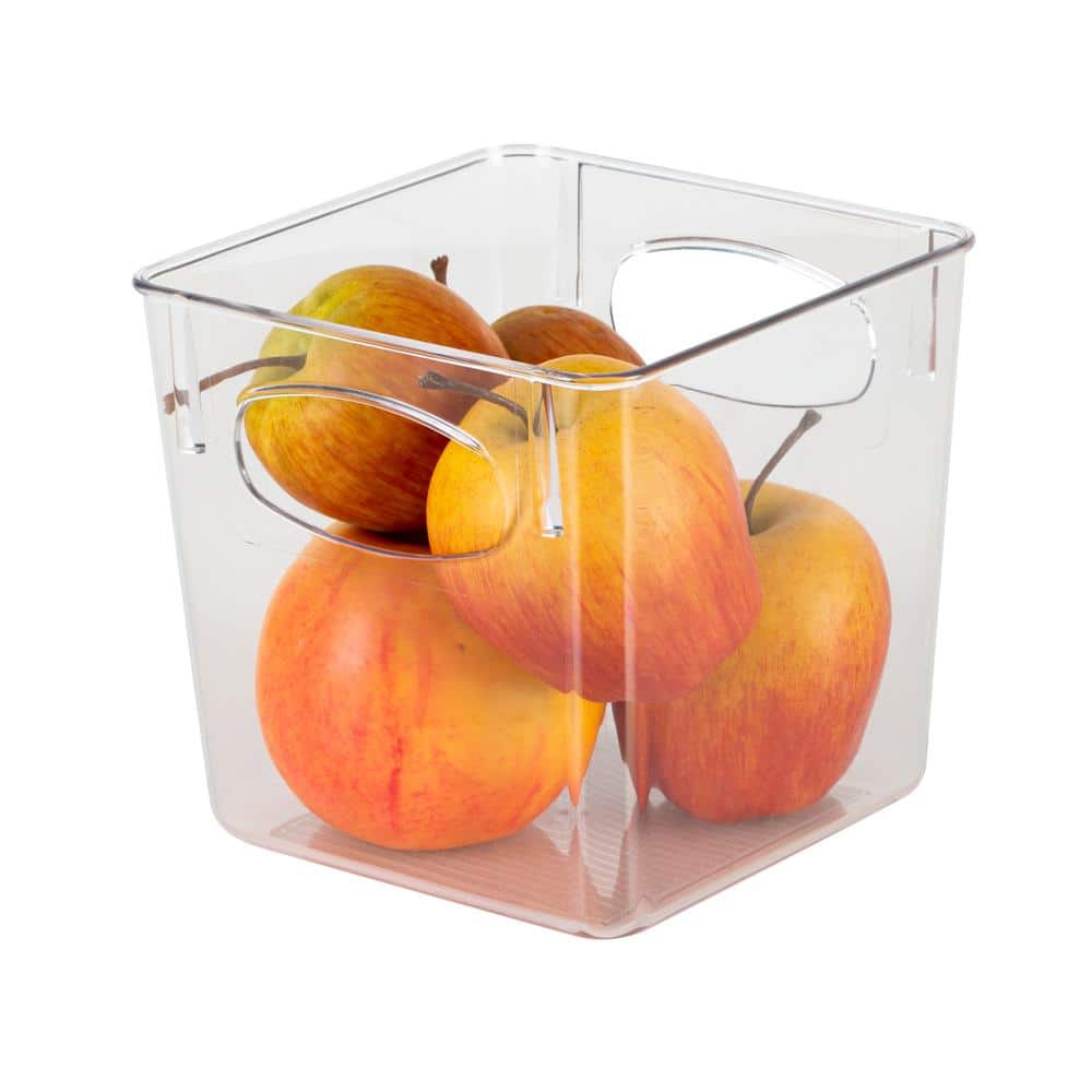 Clear Small Square Plastic Storage Bin with Cut-Out Handles