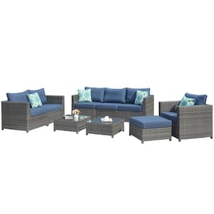 Victorie Gray 9-Piece Big Size Wicker Outdoor Patio Conversation Seating Set with Denim Blue Cushions