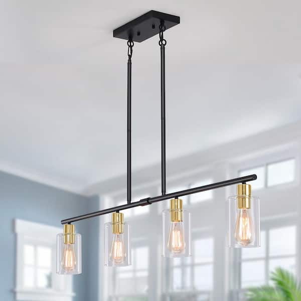 LWYTJO Delmis 4-Light Black/Gold Pendant Kitchen Linear lsland Rustic Chandelier with Clear Glass Shades No Bulbs lncluded
