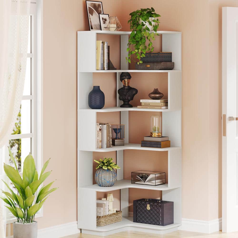 Silver Gray 65" Particle Board 6-Tier Corner Bookshelf with Anti-Drop Panel
