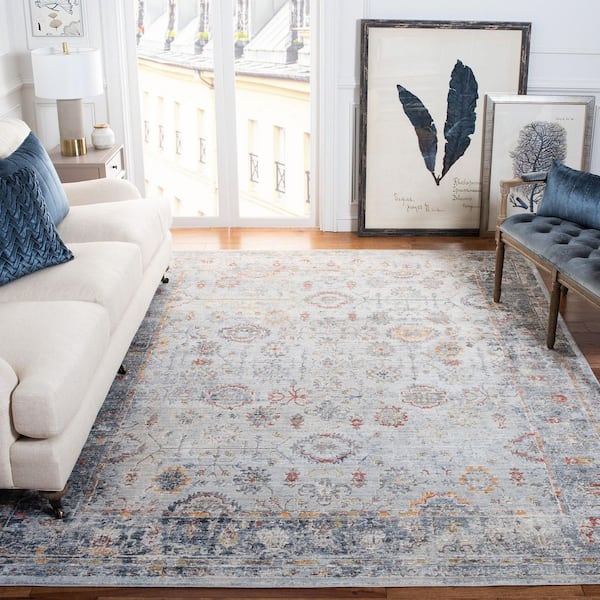 History 7 ft. x 7 ft. Light Gray/Navy Distressed Border Square Area Rug