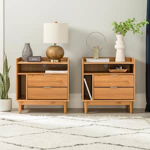 2-Drawer Caramel Set of 2 Solid Wood Mid-Century Modern Nightstands with Tray Top [25.5 in. H x 25 in. W x 16 in. D]
