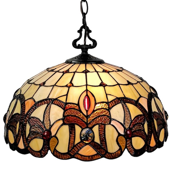 Amora Lighting Tiffany 2-Light Brown & Tan Hanging Bowl Pendant with Stained Glass Shade
