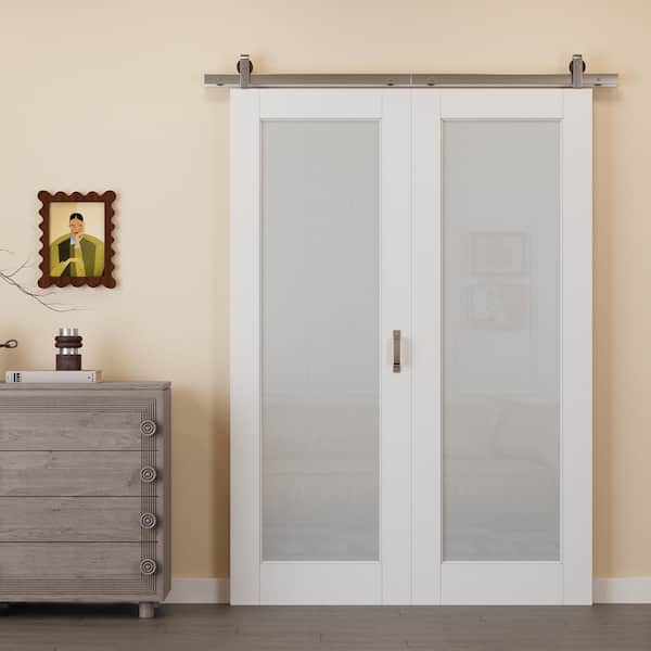 56 in. W. x 80 in. 1-Lite Tempered Frosted Glass White Primed MDF Bifold Sliding Barn Door with Hardware Kit Nickle