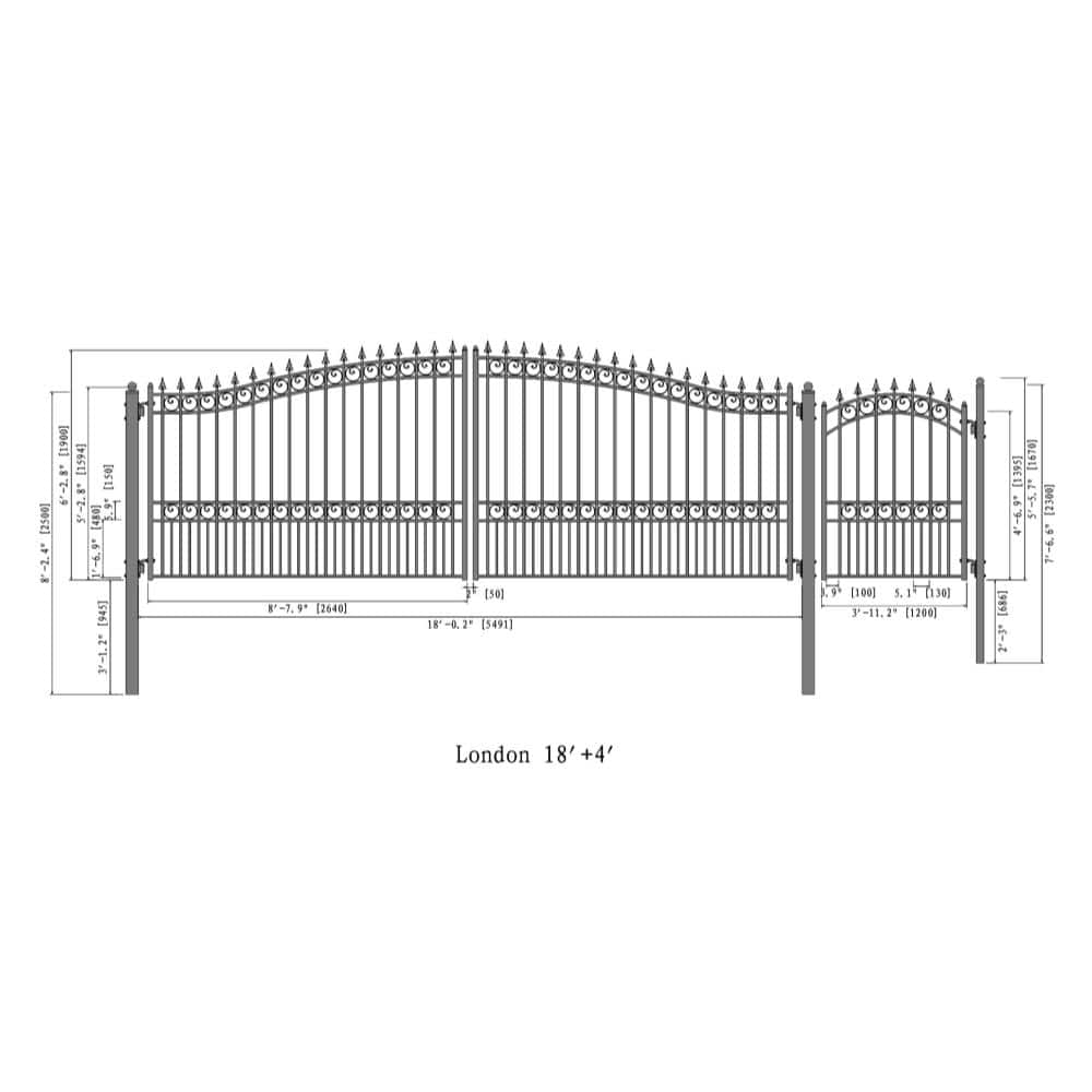 London Style Black Steel Dual Swing Driveway Gate with Pedestrian Gate