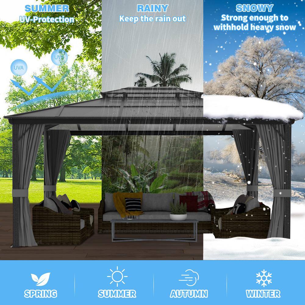 16' x 12' Black Aluminum Patio Gazebo with Curtains