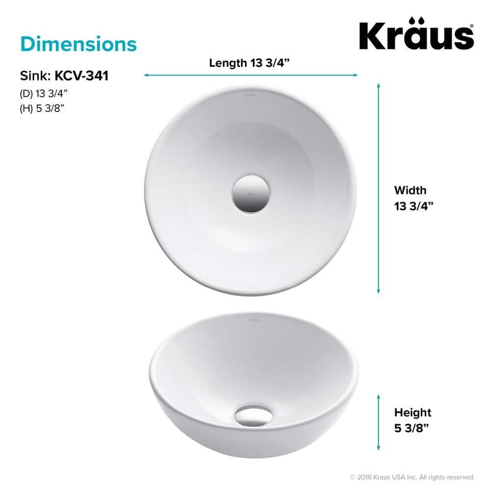 Elavo White Ceramic Round Vessel Bathroom Sink, 13 3/4 in