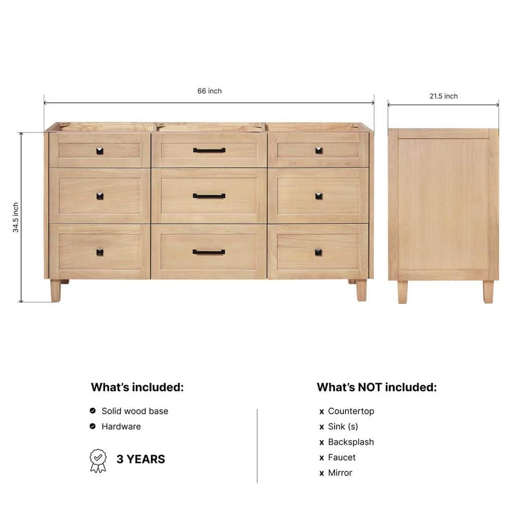 Monroe 66" Light Oak Freestanding Vanity Cabinet with Black Hardware