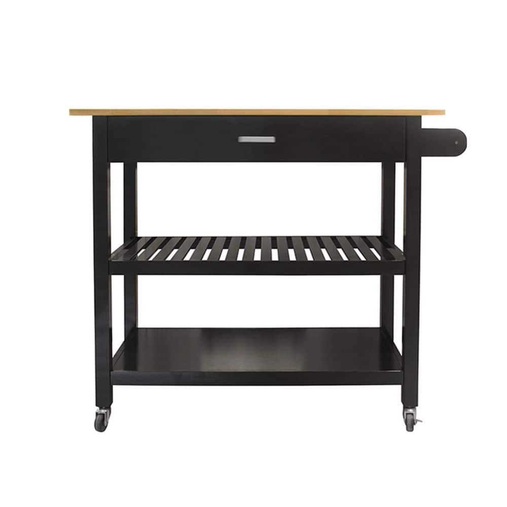 Minimalist Rolling Wood Top Black Kitchen Cart with Drawers and 2-Tier Open