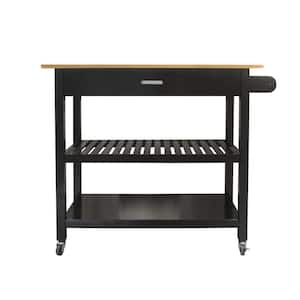 Minimalist Rolling Wood Top Black Kitchen Cart with Drawers and 2-Tier Open Shelf