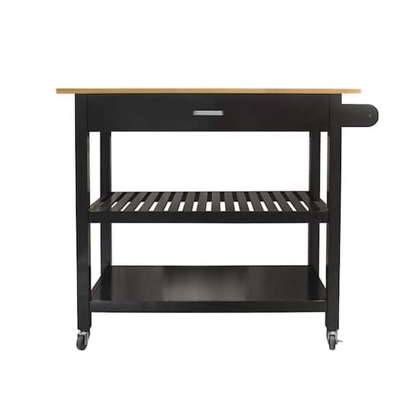 Unbranded Minimalist Rolling Wood Top Black Kitchen Cart with Drawers and 2-Tier Open Shelf