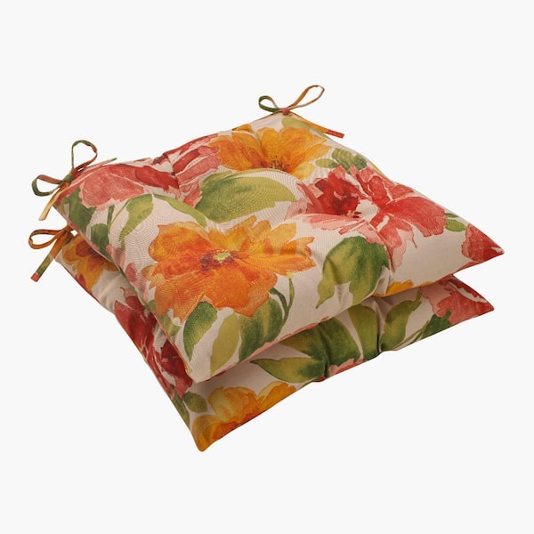 Pillow Perfect Floral 19 x 18.5 Outdoor Dining Chair Cushion in Green/Orange (Set of 2)