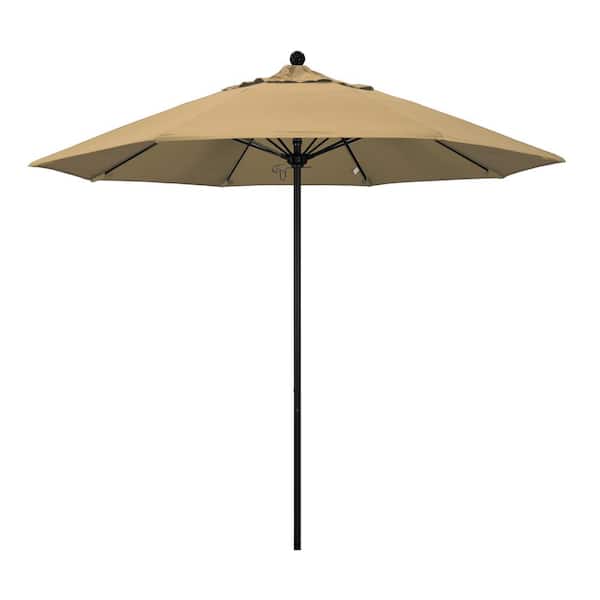 California Umbrella 9 ft. Black Aluminum Commercial Market Patio Umbrella with Fiberglass Ribs and Push Lift in Champagne Olefin