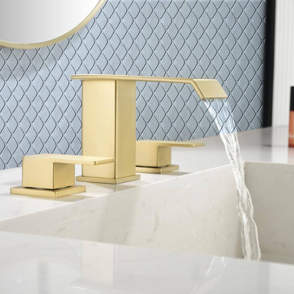 Brushed Gold Brass Double Handle Widespread Bathroom Faucet