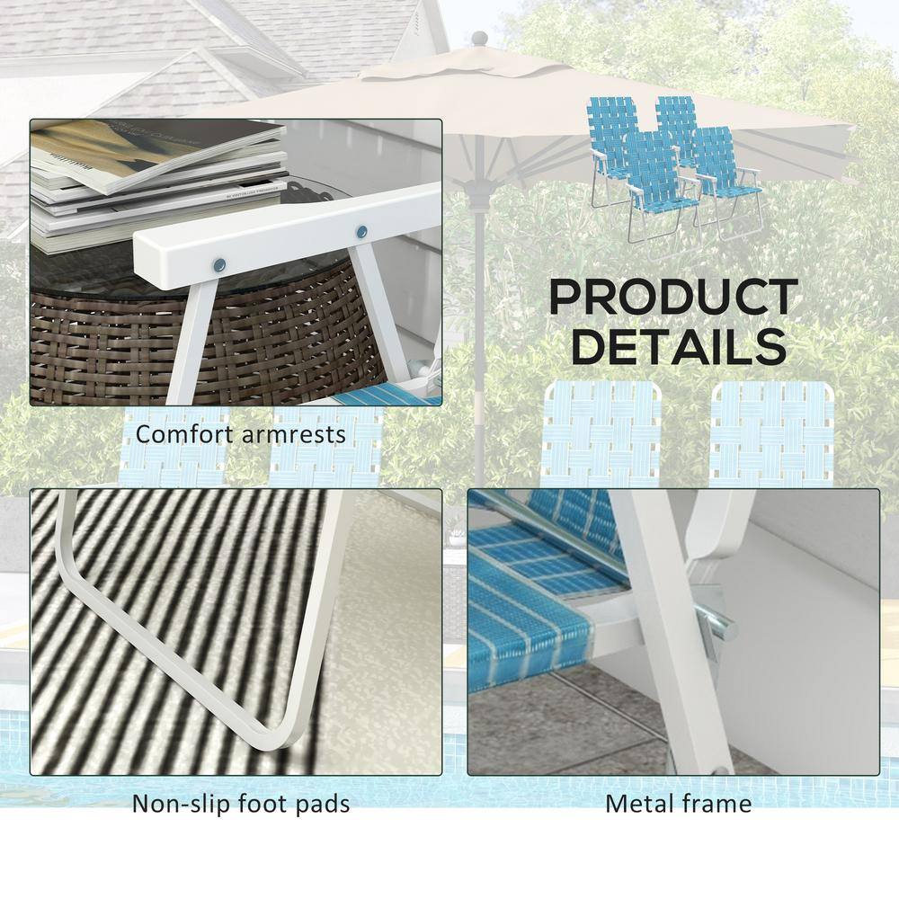 Set of 4 Blue Woven Strap Folding Patio Chairs with Armrests